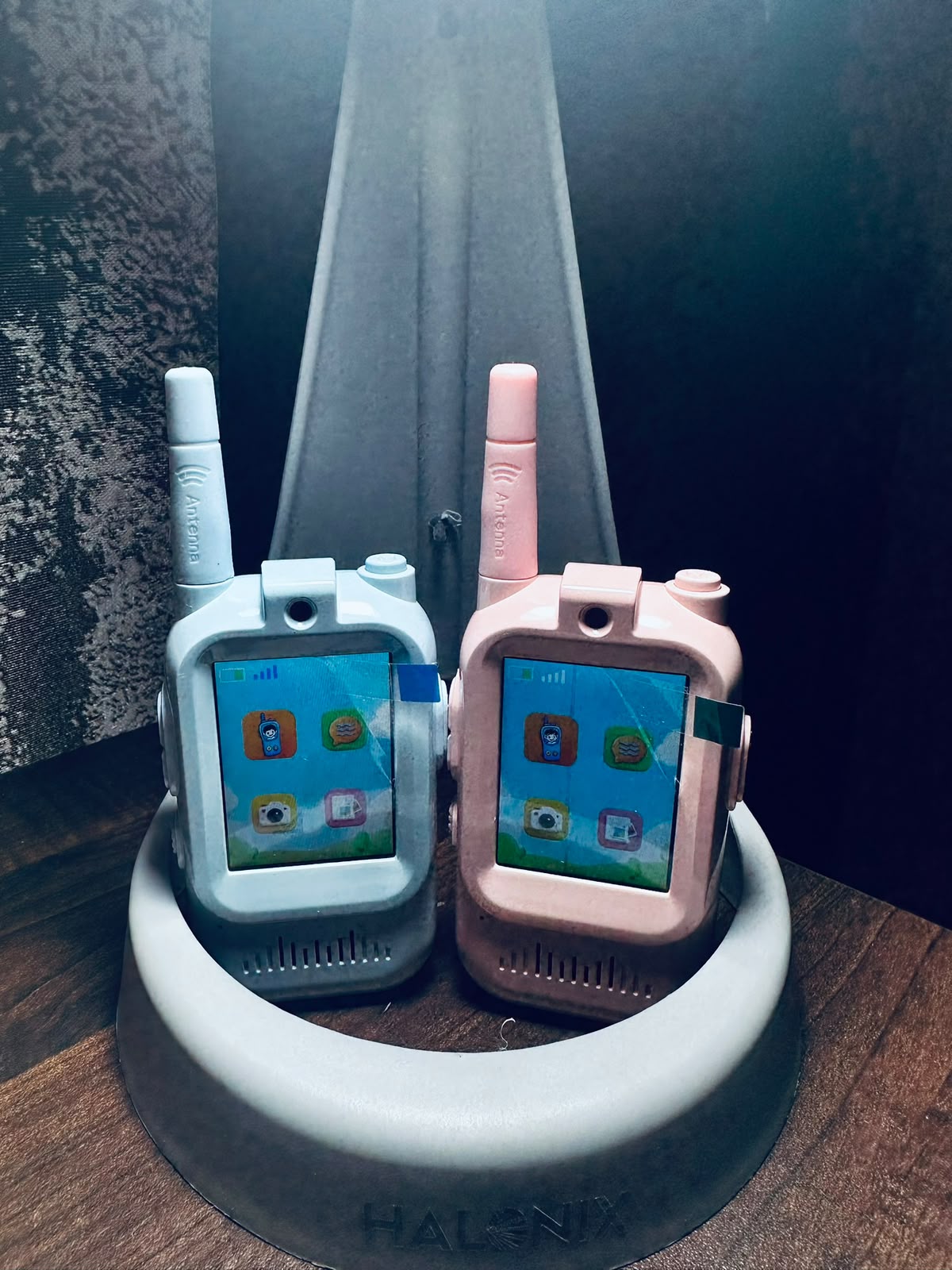 Kids walkie talkie back view pink and blue